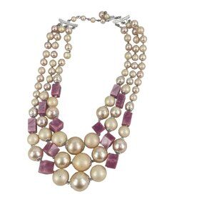 Vintage Three-Strand Pearl & Amethyst Bead Necklace retro 1950s